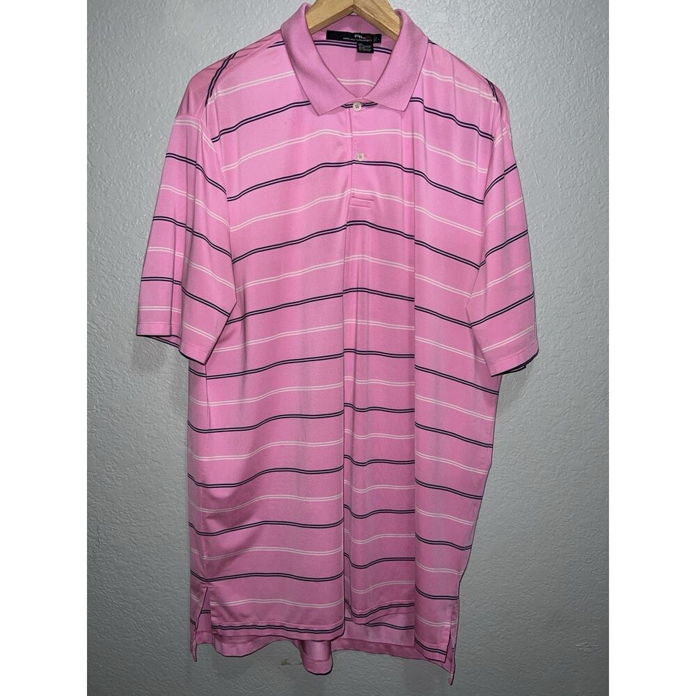 RLX Ralph Lauren Mens Large Golf Performance Stretch Pink Navy Striped No Logos